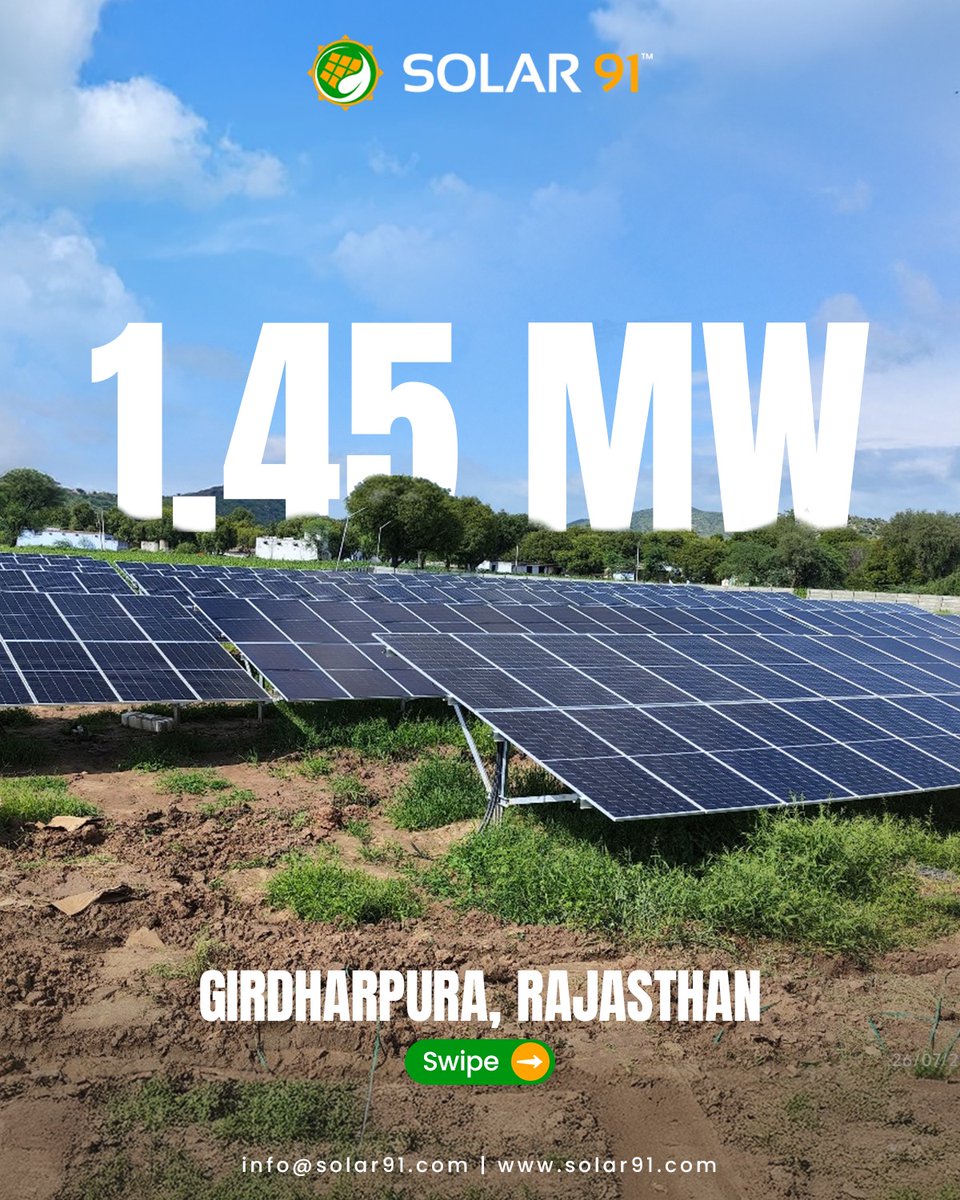Solar91india's tweet image. We are proud to announce the successful commissioning of a 1.45 MW Ground Mounted Solar Power Project under the PM KUSUM Scheme at Girdharpura, Rajasthan.

For project consultation, contact us at +91 88901 22722, +91 72208 10810
.
.
#solar91 #solar91india #installation #rajasthan