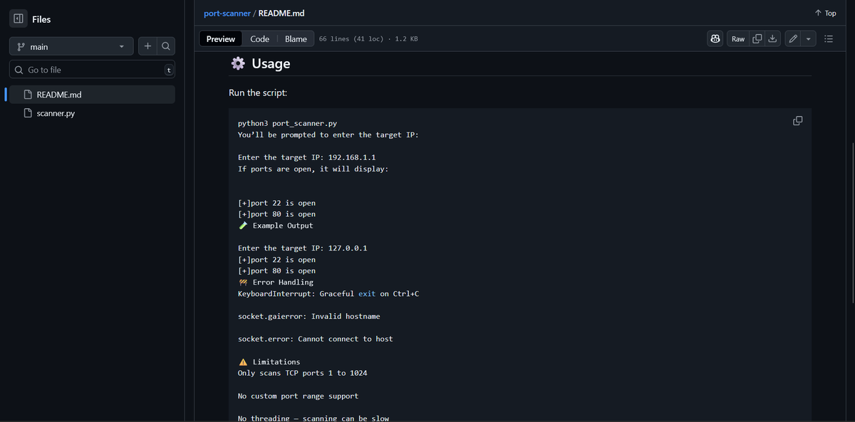 0xChinmaya's tweet photo. Just built my first Python tool – a simple TCP port scanner.
It's also my first GitHub repo &amp; first ever post here.
▶️ Try it out: scans ports 1–1024, handles errors, clean output

📎 Repo: https://t.co/eKUvesCdQE

#Python #CyberSecurity #PortScanner #HackerJourney #0xChinmaya https://t.co/XN3RVz3Qdg