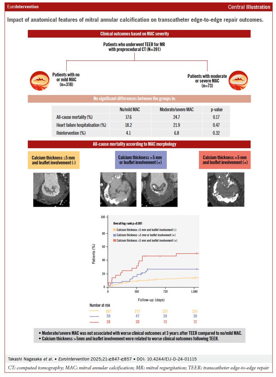 A CT-based assessment of mitral annular calcification (MAC) revealed that leaflet involvement and calcium thickness &gt;5 mm are independent predictors of mortality and heart failure hospitalization following TEER.
ow.ly/SYo550WBWKC
#TEER #StructuralHeart #Cardiology
