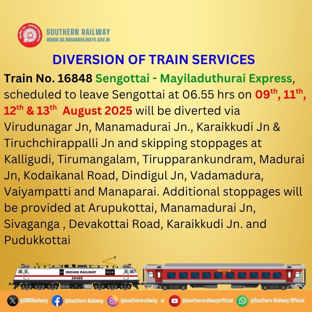 For facilitating engineering works over various sections in Madurai Division, the following changes have been made in the pattern of Train Services