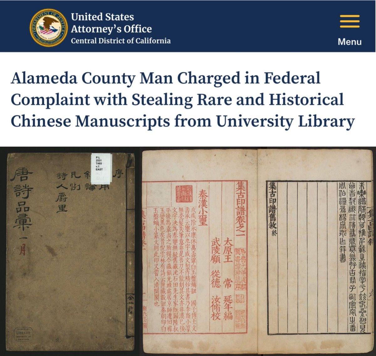 Jeffrey Ying (aka “Jason Wang,” “Alan Fujimori,” and “Austin Chen”) of Fremont has been charged in a federal criminal complaint with stealing approximately US$216,000 worth of rare and historical Chinese manuscripts from UCLA’s library system.

Ying is charged with theft of major