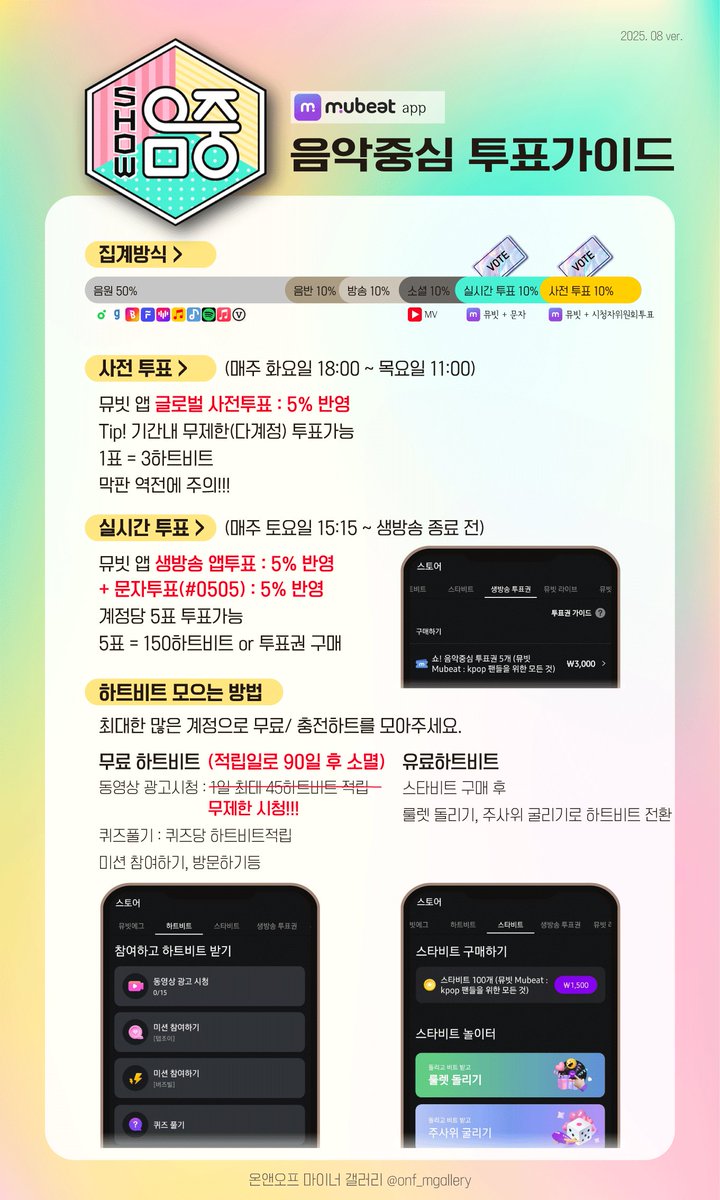 ⚡⚡뮤빗 음중 투표 가이드(25.08 ver.)⚡⚡

📌 음중 투표를 위해 투표권을 모아주세요! 

✅️ 시청자위원회 가입시기 온마갤 공지 확인

🔥 무료 하트비트
적립 90일 후 소멸 / 1일 무제한으로 변경

❗️사전 투표 막판 역전 주의❗️

✨️ 음중은 온마갤 음총팀의 지상파 우선순위 음방입니다!