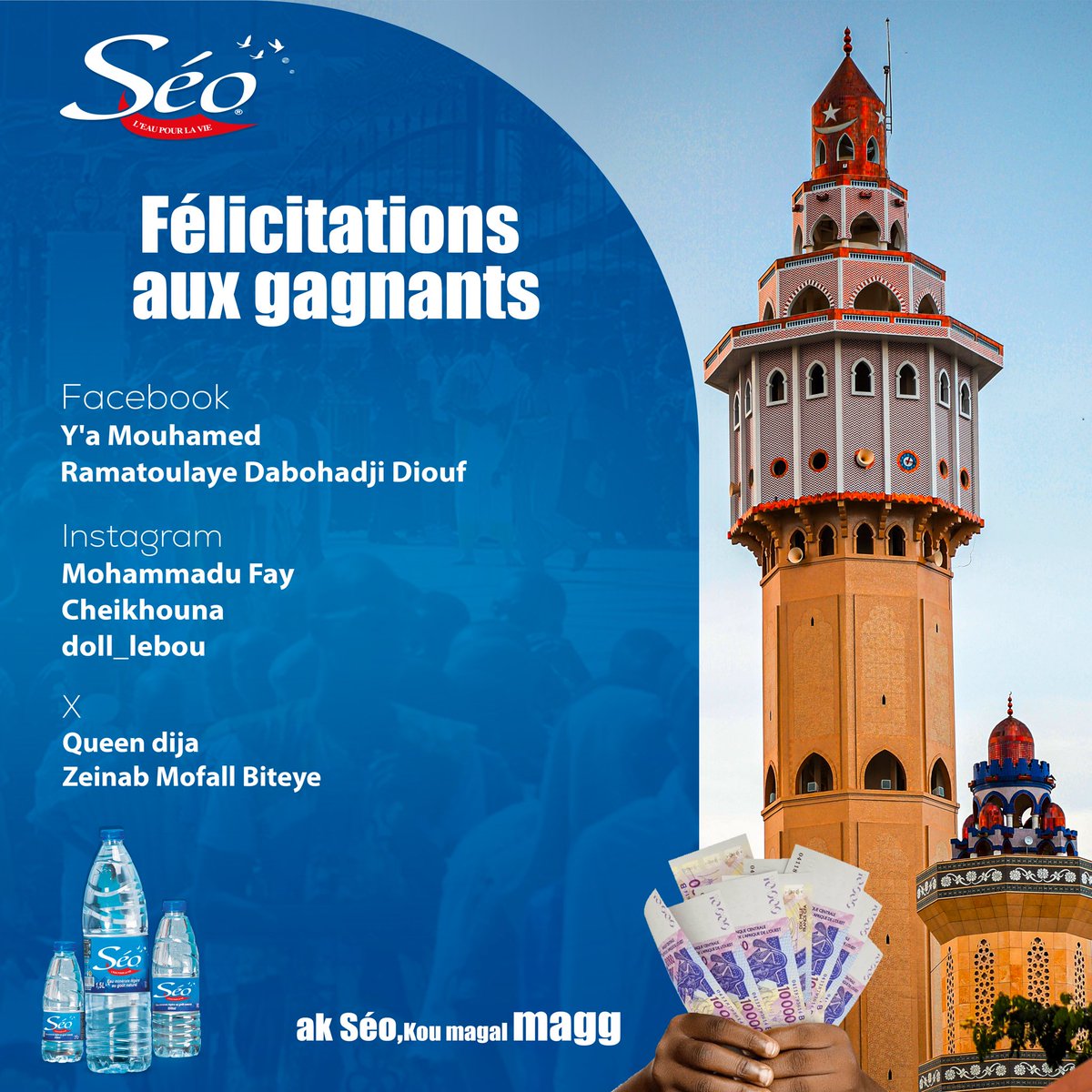 Merci à tous d'avoir participer à notre jeu concours🥰
Félicitations à nos gagnants 🥳🥳. Merci de venir récupérer vos lots lundi à 11h à Castors Sodida lot 37💙💙
#seosenegal 
#eauminerale 
#Ndoxurewmi 
#magal2025
#gagnants
