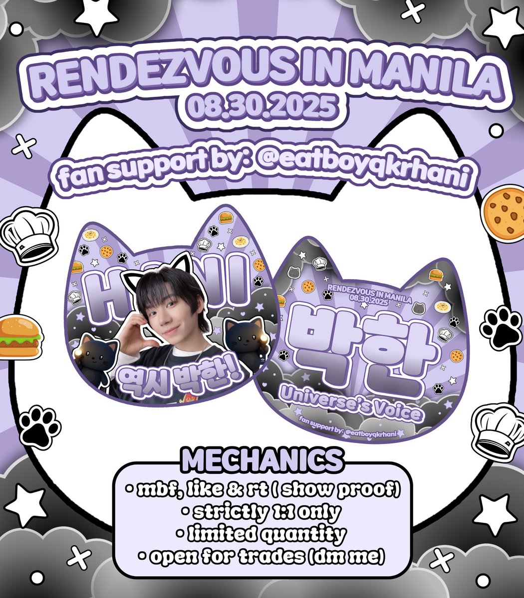 rie ≽ܫ≼ ⋆˙⟡⋆🐾°🥢💙🩵 (@eatboyqkrhani) on Twitter photo ⋆˙⟡♡ AHOF RENDEZVOUS in MANILA freebies ⋆˙⟡♡
fan support for Park Han by: <a href="/eatboyqkrhani/">rie ≽ܫ≼ ⋆˙⟡⋆🐾°🥢</a>
Hani cat-shaped fan~ 🐈⬛💜🖤
ʚɞ mbf, like & rt
ʚɞ 1:1 (limited quantity)
ʚɞ location and time : tba
ʚɞ open for trades ☺️
see you!!! ٩(ˊᗜˋ*)و
#아홉 #AHOF #RENDEZVOUSinMANILA ⋆˙⟡♡ AHOF RENDEZVOUS in MANILA freebies ⋆˙⟡♡
fan support for Park Han by: <a href="/eatboyqkrhani/">rie ≽ܫ≼ ⋆˙⟡⋆🐾°🥢</a>
Hani cat-shaped fan~ 🐈⬛💜🖤
ʚɞ mbf, like & rt
ʚɞ 1:1 (limited quantity)
ʚɞ location and time : tba
ʚɞ open for trades ☺️
see you!!! ٩(ˊᗜˋ*)و
#아홉 #AHOF #RENDEZVOUSinMANILA