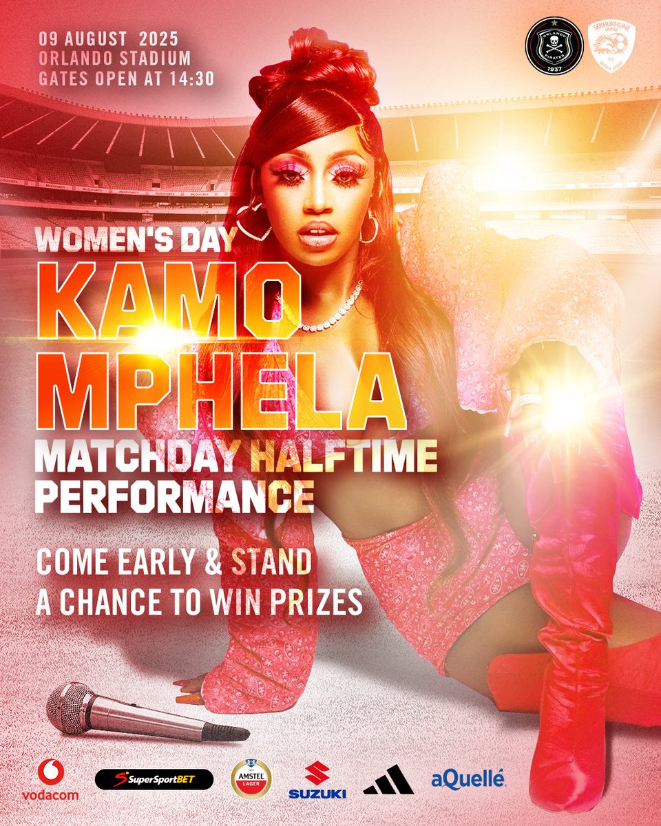 orlandopirates's tweet image. Join us for a special  #WomensDay  Match Day experience.

✅ Arrive early to enjoy fun pre-match activities and stand a chance to win amazing prizes from our partners.

🎙️ Halftime performance by @Kamo_mphelaxx 

⚫⚪🔴⭐
#OrlandoPirates
#OnceAlways 
#womensday2025