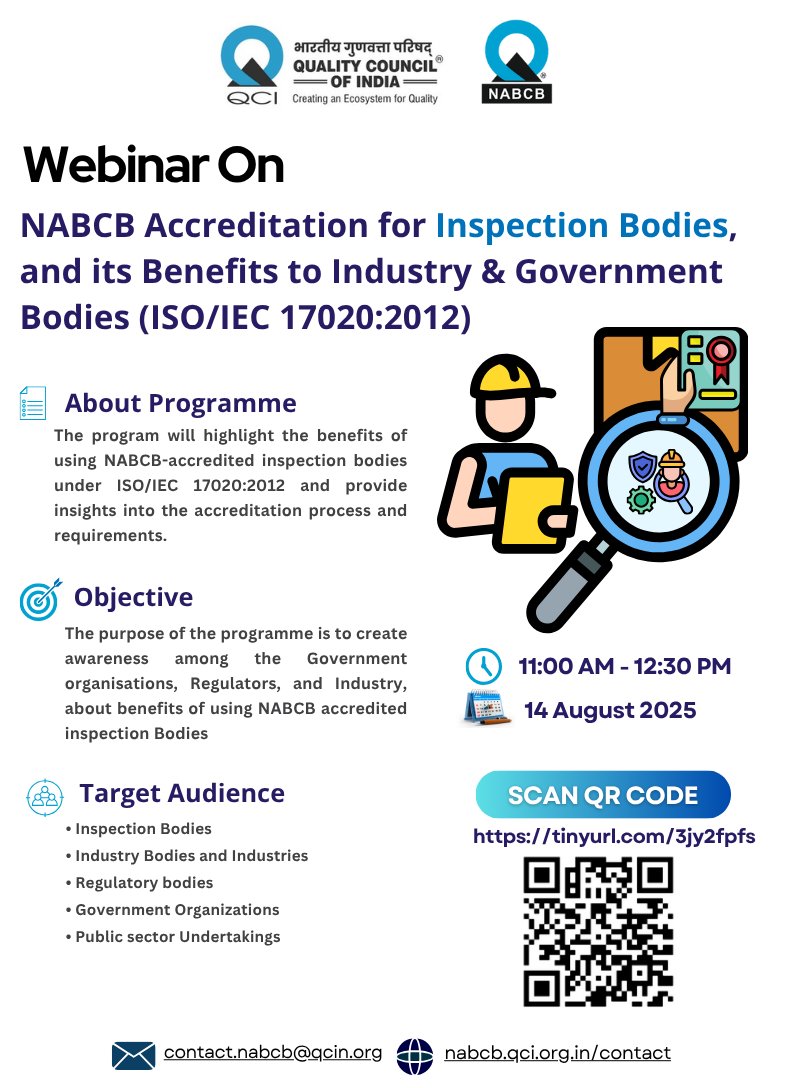 📢 Join us on Aug 14, 2025, for a webinar on "NABCB Accreditation for Inspection Bodies &amp; its Benefits to Industry &amp; Govt (ISO/IEC 17020)" 🏢

Gain insights into accreditation, compliance, and global recognition.

🔗 Register now: lnkd.in/gbz7puEq

#ACCREDITATION #ISO17020