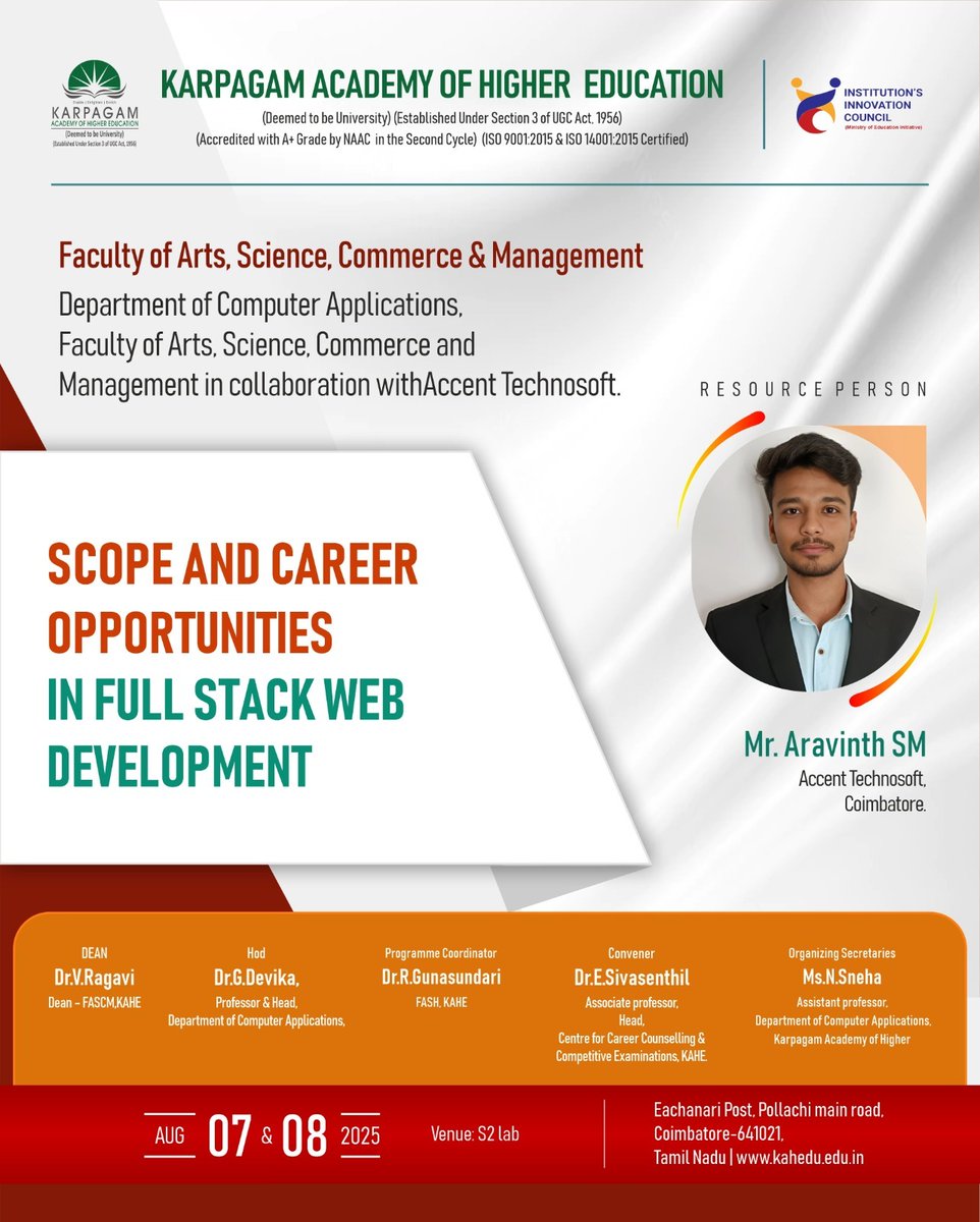 wekaheians's tweet image. Mr. Aravinth SM, Accent Technosoft, Coimbatore is the guest speaker for the session. Join us and discover your pathway to becoming a full-stack professional.
#KAHE #DepartmentOfComputerApplications #FullStackWebDevelopment #CareerOpportunities #ScopeInFullStack #AccentTechnosoft