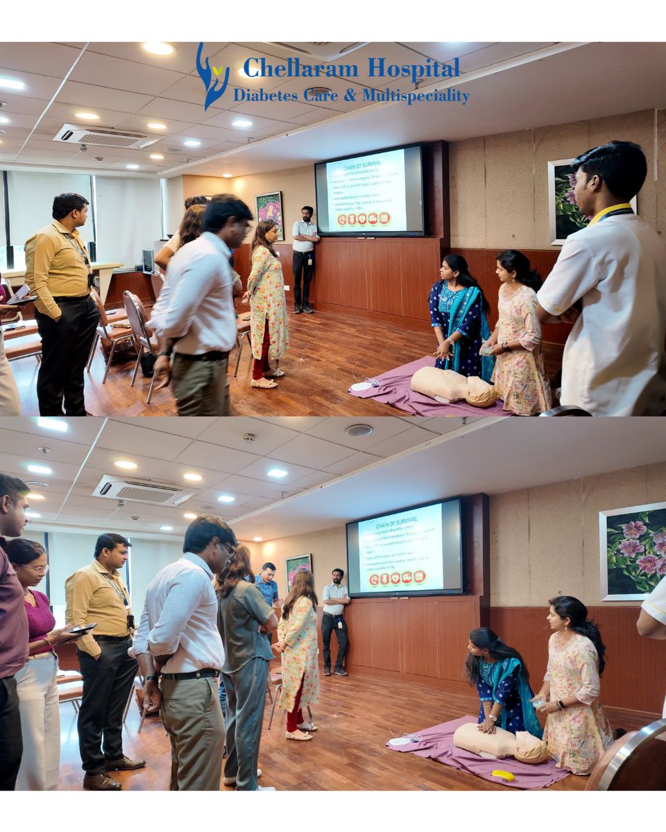 Chellaram_Hosp's tweet photo. On 7th Aug 2025, Chellaram Hospital conducted a Basic Life Support (BLS) session for Insterm India Pvt. Ltd.

CPR, AED use, airway management &amp; hands-on training led by Dr. Bhalekar &amp; Dr. Diwekar; empowering teams to save lives! 🫀 #BLSTraining #CPR #FirstAid https://t.co/XdulBDyDrU