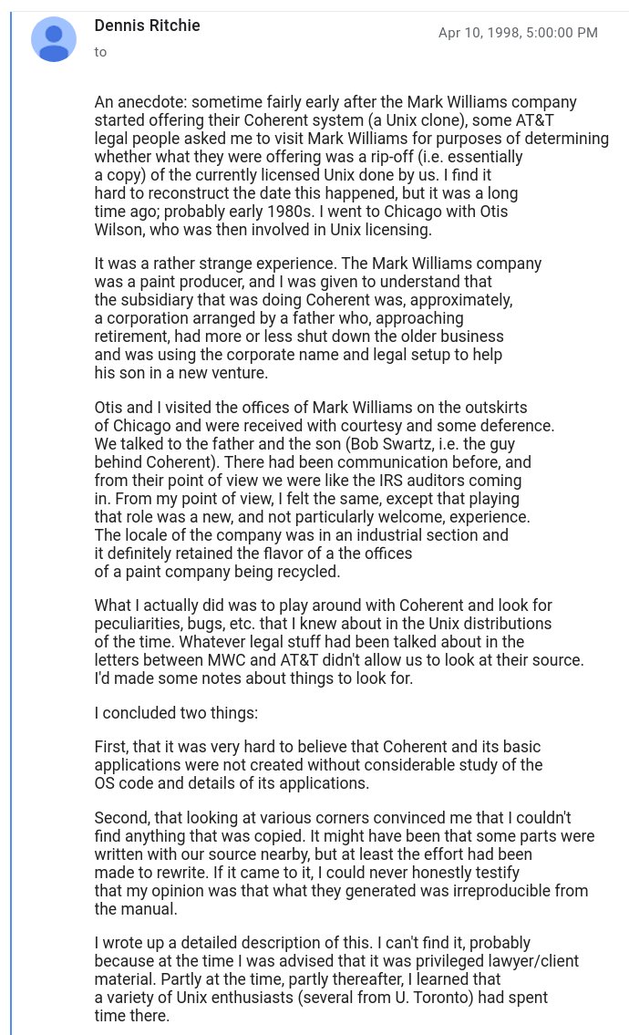 Coherent was so good that AT&amp;T asked Dennis Ritchie to investigate its implementation for possible UNIX code infringements.
x.com/unix_byte/stat…