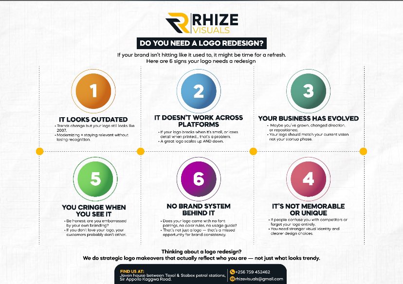 Is your logo still stuck in 2007? 👀
Here are 6 signs it’s time for a glow up 💥
Let Rhize Visuals give your brand the facelift it deserves. Dm guys