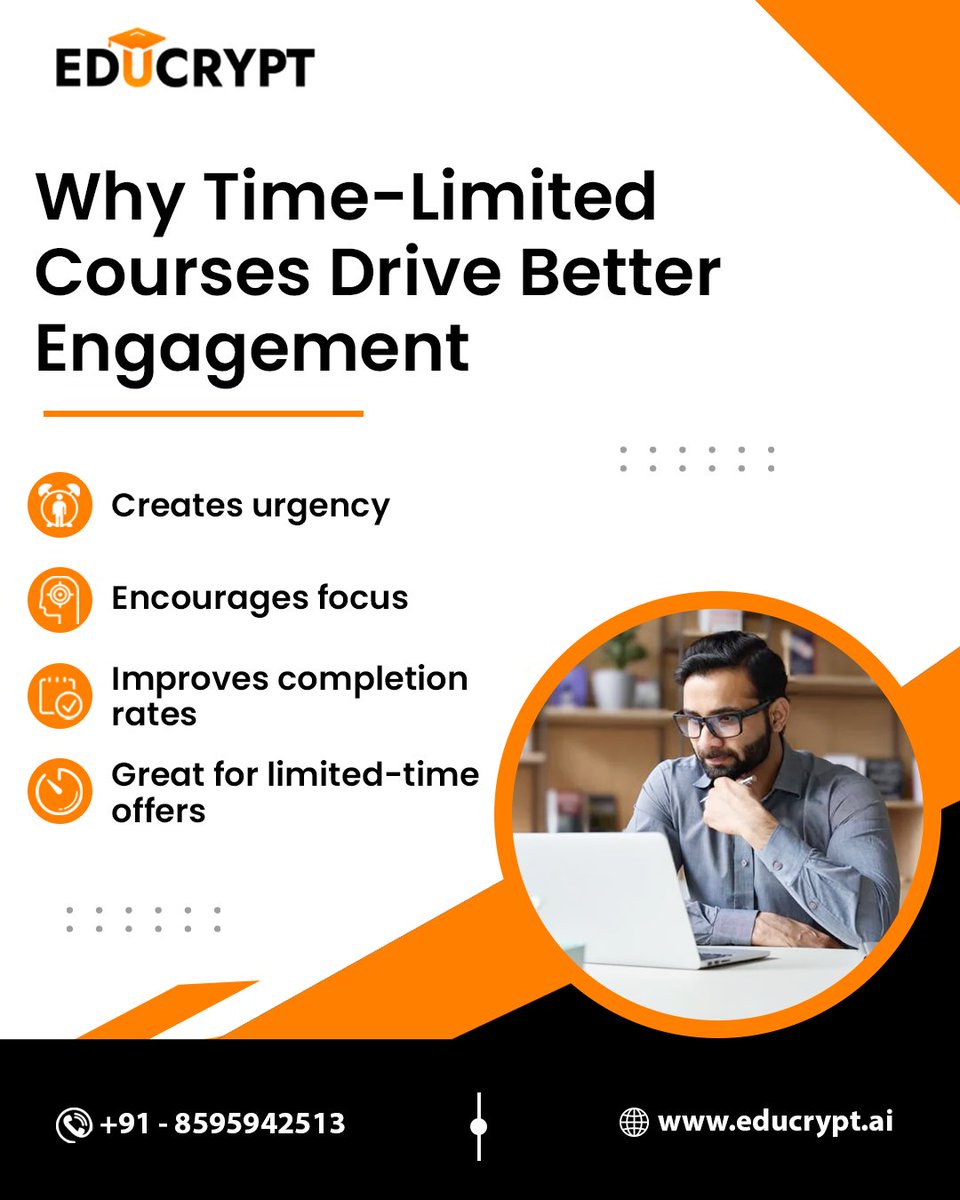 educrypt_ai's tweet image. Time-limited courses spark action, boost focus, and lead to higher completion rates. Make every minute count!

#Educrypt #TimeLimitedCourses #BoostYourFocus #HigherCompletionRates #MakeEveryMinuteCount #ActionDrivenLearning #FocusedLearning #CourseCompletionSuccess