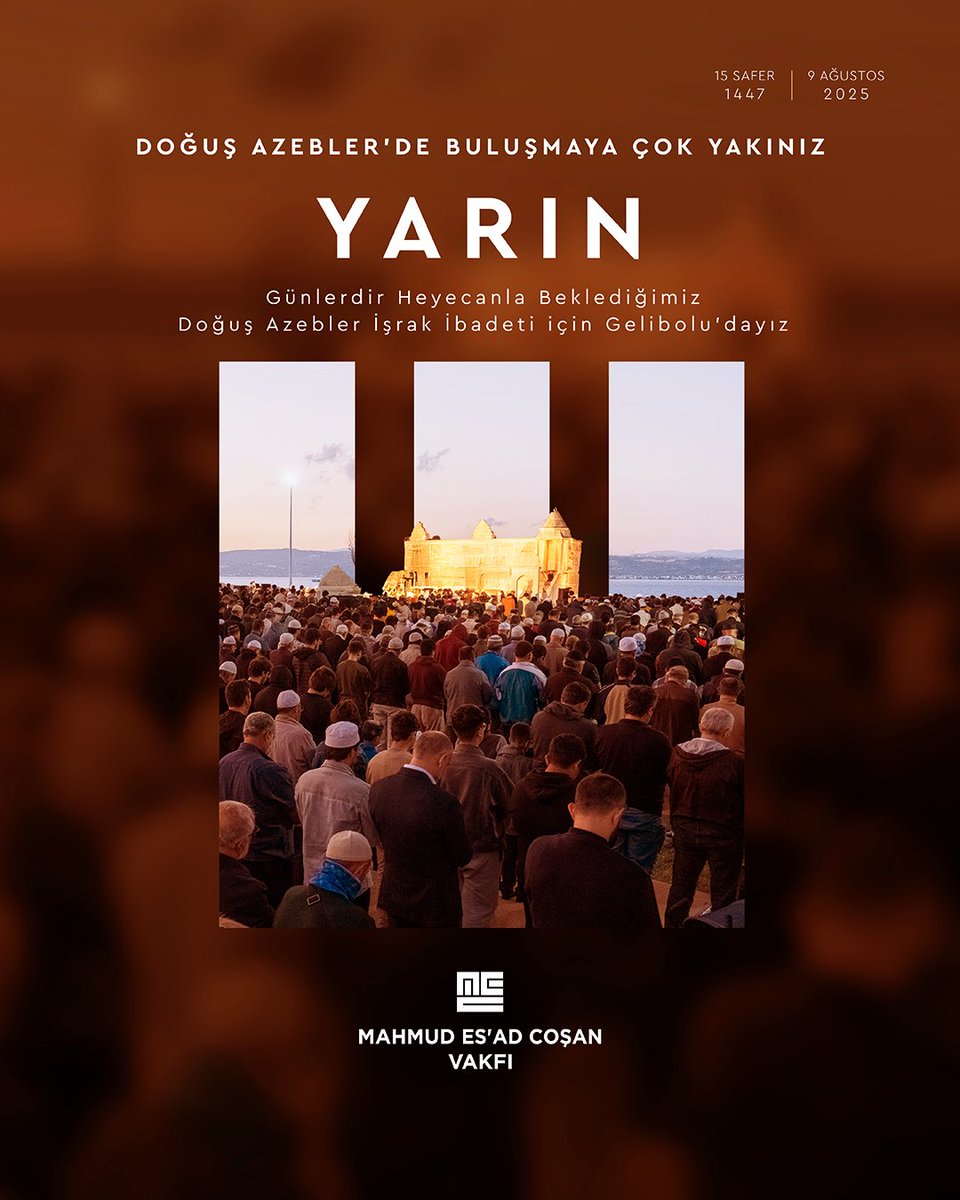 Günlerdir heyecanla beklediğimiz Doğuş Azebler İşrak İbadeti Buluşması için Gelibolu’dayız.

Hocamız, Gönül Dostumuz, Mürebbi’miz Prof. Dr. Mahmud Es’ad Coşan’ın doğumlarının hicrî 90. yıl dönümünde; zamanla, mekânla ve Allah’la kurulan dostluğun izini sürmek üzere buluşuyoruz.