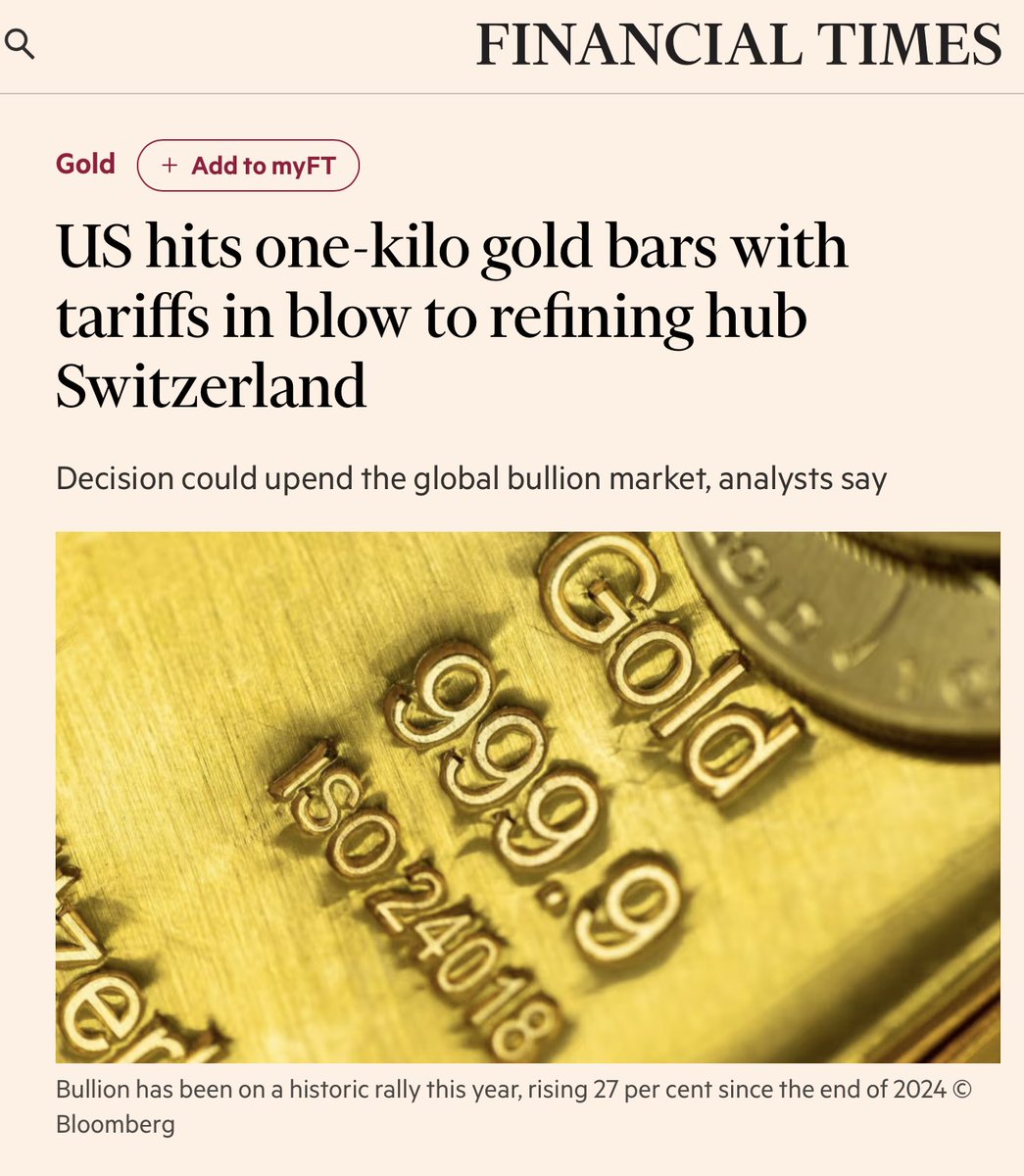🔥 Gold just got weaponized.
The U.S. slapped a 39% tariff on Swiss 1kg &amp; 100oz gold bars, the exact formats COMEX accepts for delivery.

Switzerland refines most of the world’s gold. Now?
• Shipments halted
• Premiums spiking
• Shorts sweating

This isn’t about revenue, it’s