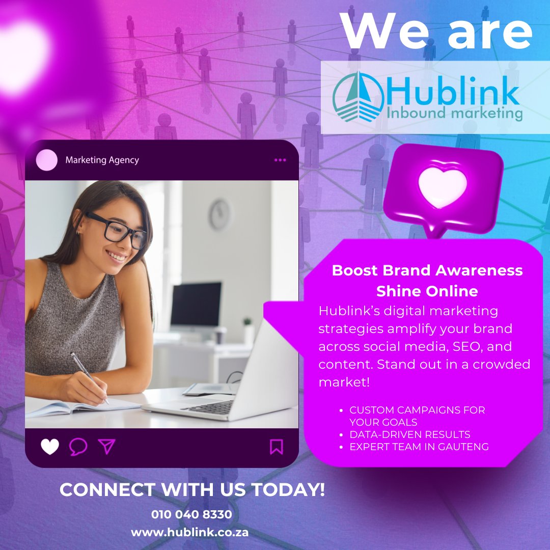 Hublink0603's tweet image. Stand out online with Hublink! 🚀 Boost your brand with SEO, social & content marketing. 🙌
📞 010 040 8330 | hublink.co.za/seo-services/
#Hublink #DigitalMarketing #BrandAwareness #SouthAfrica