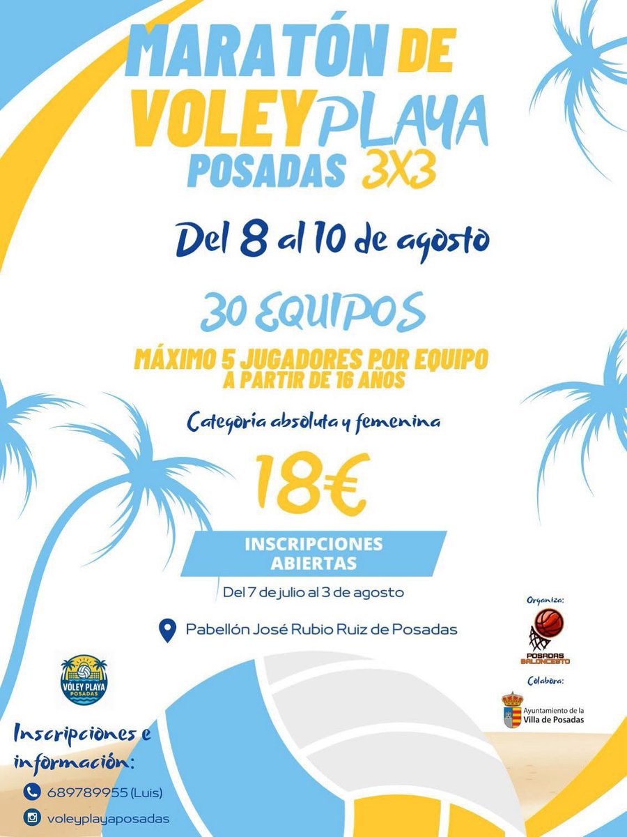 🏐Maratón de Vóley Playa
🗓️Este Fin de Semana 
📍Pabellón Municipal “José Rubio Ruiz”