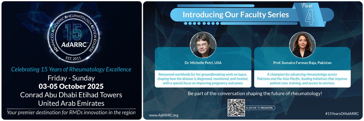 adarrc's tweet image. Two global voices in rheumatology join #AdARRC 2025 this Oct in Abu Dhabi.
Dr. Michelle Petri - transformed lupus care, esp. for women in pregnancy
Prof. Sumaira Farman Raja – leading patient advocacy &amp;amp; rheumatology in Asia-Pacific
Register: bit.ly/45hTfAo
#Rheumatology