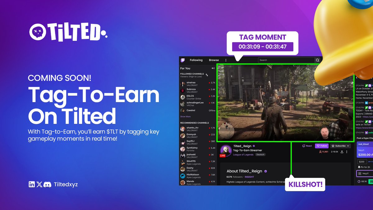 🎯 Tag Moments. Earn Rewards.

Streaming on @TiltedXYZ is about to go next-level with Tag-to-Earn—a new way to turn your game sense into $TLT.

Spot the clutch, call the comeback, mark the headshot—your tags help train our AI and fuel next-gen esports prediction markets.

The