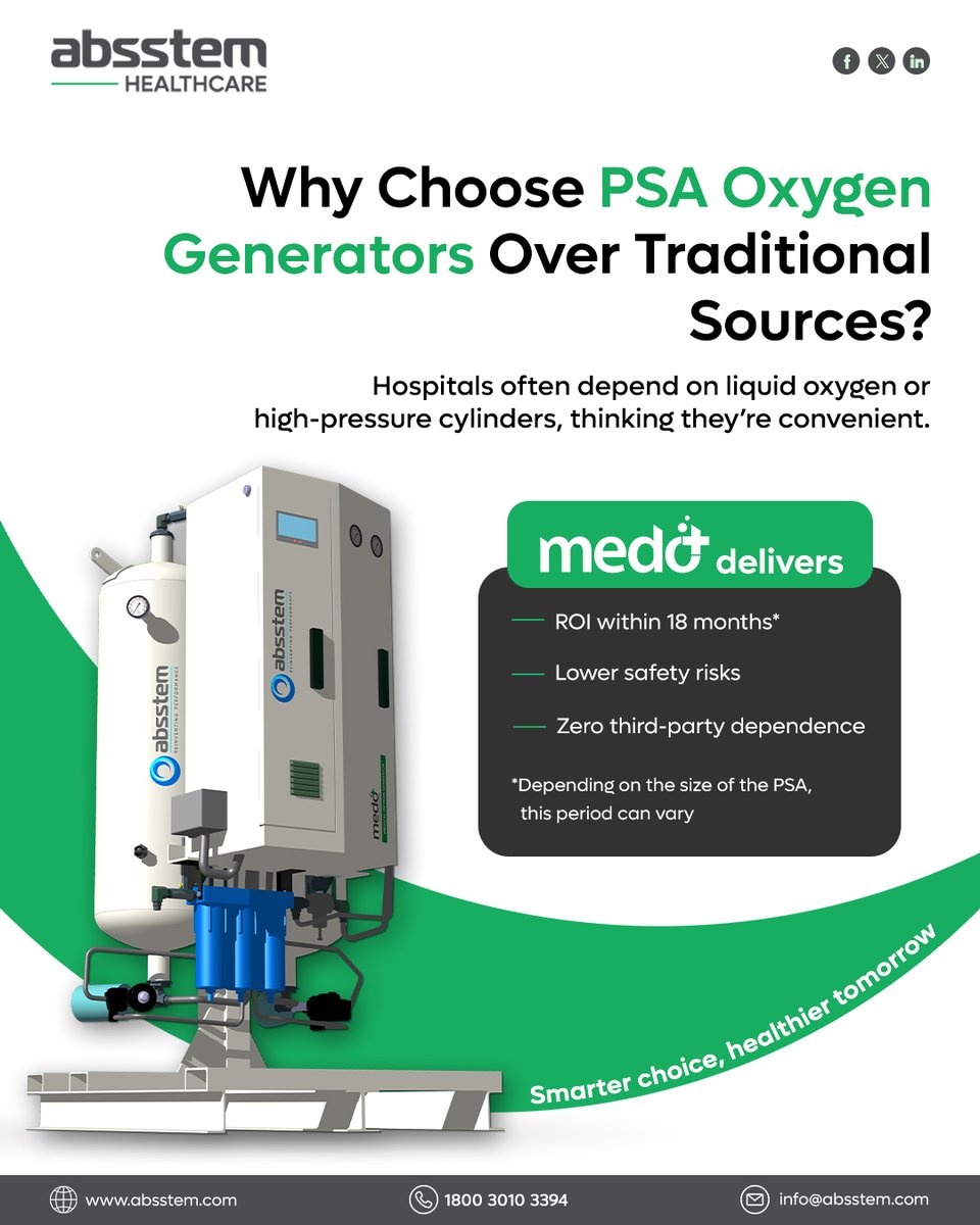 absstem's tweet image. PSA Oxygen Generators redefine hospital oxygen sourcing with better returns, lower risks, and complete independence, ensuring smarter healthcare decisions for a safer and more sustainable future.

Visit us: absstem.com

#PSAOxygen #absstemtechnologies #Medo #MedoC
