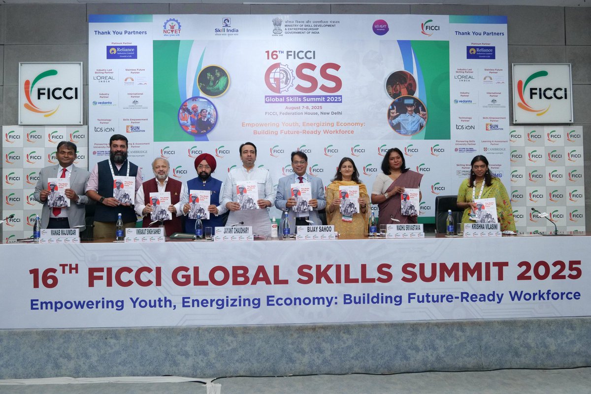 Office_ChJayant's tweet photo. At the 16th FICCI Global Skills Summit 2025 & Ministerial Roundtable in New Delhi, Hon’ble MoS (IC) for Skill Development & Entrepreneurship & MoS for Education, Shri Jayant Chaudhary, joined by Hon’ble MP (Rajya Sabha) Dr. Vikramjit Singh Sahney, called for a new skilling architecture – rooted in quality, equity & global readiness.

From PMKVY empowering 1.6+ crore youth, to Bharat SkillNXT, ITI upgradation, and the Grading Framework – the mission is clear: Build an India that is economically strong, socially inclusive & environmentally sustainable.

Industry, government & society must move beyond projects to co-own outcomes — ensuring our youth are not just job seekers, but innovators & job creators.

#Skills4India #ViksitBharat2047 #SkillIndia #FICCI