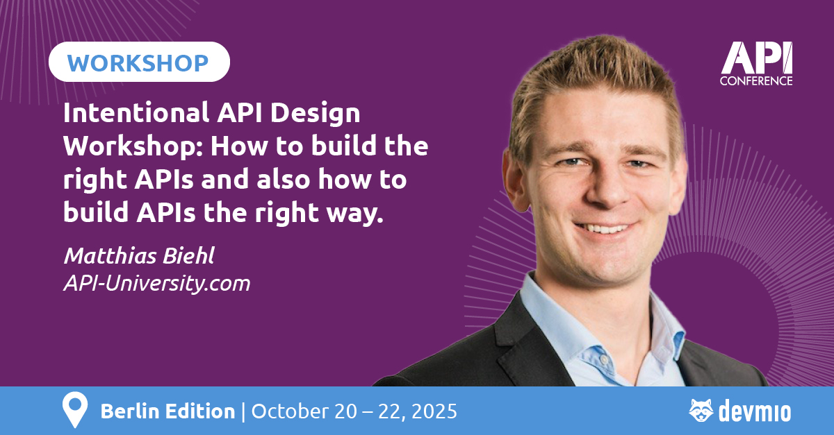 API Conference 2025 (@api_conference) on Twitter photo 🧠 Great APIs are designed, not improvised.
Join Matthias Biehl (<a href="/mattbiehl/">Matthias Biehl</a>) (API-University.com) at #APIConference Berlin for a hands-on workshop on intentional API design that developers will love.
📅 Oct 20–22
🔗 apiconference.net/api-design/int…
#APIDesign #devmio #APIUX 🧠 Great APIs are designed, not improvised.
Join Matthias Biehl (<a href="/mattbiehl/">Matthias Biehl</a>) (API-University.com) at #APIConference Berlin for a hands-on workshop on intentional API design that developers will love.
📅 Oct 20–22
🔗 apiconference.net/api-design/int…
#APIDesign #devmio #APIUX