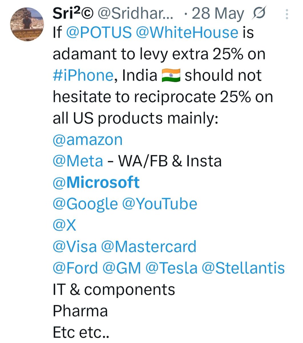 Sree (@sridharsrikumar) on Twitter photo Dear <a href="/narendramodi/">Narendra Modi</a> Ji,
Please apply 50% reciprocal tariffs on US F&B and FMCG products which will affect their royalty / distribution & promote Indian
<a href="/CocaColaCo/">The Coca-Cola Co.</a>
<a href="/PepsiCo/">PepsiCo</a>
<a href="/kfc/">KFC</a>
<a href="/McDonaldsCorp/">McDonald's Corporation</a>
<a href="/SUBWAY/">Subway®</a>
<a href="/BurgerKing/">Burger King</a>
<a href="/dominos/">Domino's Pizza</a>
<a href="/pizzahut/">Pizza Hut</a>
<a href="/MarsGlobal/">Mars, Incorporated</a>
<a href="/ProcterGamble/">Procter & Gamble</a>
<a href="/Visa/">Visa</a>
<a href="/Mastercard/">Mastercard</a>
ETC Dear <a href="/narendramodi/">Narendra Modi</a> Ji,
Please apply 50% reciprocal tariffs on US F&B and FMCG products which will affect their royalty / distribution & promote Indian
<a href="/CocaColaCo/">The Coca-Cola Co.</a>
<a href="/PepsiCo/">PepsiCo</a>
<a href="/kfc/">KFC</a>
<a href="/McDonaldsCorp/">McDonald's Corporation</a>
<a href="/SUBWAY/">Subway®</a>
<a href="/BurgerKing/">Burger King</a>
<a href="/dominos/">Domino's Pizza</a>
<a href="/pizzahut/">Pizza Hut</a>
<a href="/MarsGlobal/">Mars, Incorporated</a>
<a href="/ProcterGamble/">Procter & Gamble</a>
<a href="/Visa/">Visa</a>
<a href="/Mastercard/">Mastercard</a>
ETC