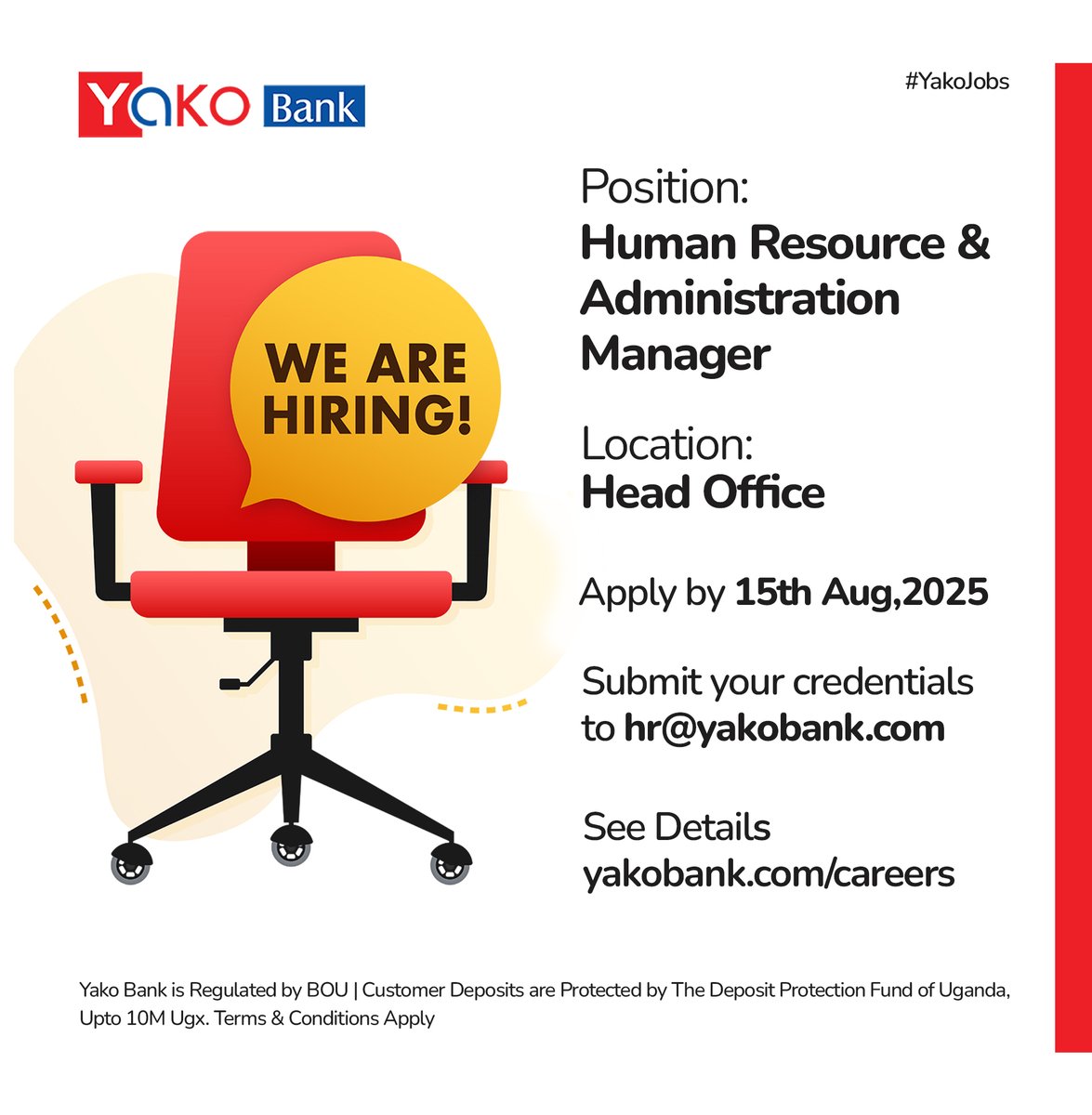 We are #Hiring YakoBank - Human Resource & Administration Manager Location  - Head Office Submit Credentials to hr@yakobank.com by 14th August, 2025.  Job Details https://t.co/pA0eotLsFW #YakoBank #Jobs #Hiring  #FinancingABetterFuture