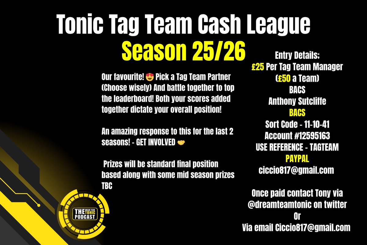 Dream Team Tonic (@dreamteamtonic) on Twitter photo 1 WEEK REMAINING!
Don't leave it too late...
Trusted leagues π 
Plenty of prizesπ° β
οΈ
Grab a partner and join the amazing Tag Team League π₯π₯
Get Involved ππ 1 WEEK REMAINING!
Don't leave it too late...
Trusted leagues π 
Plenty of prizesπ° β
οΈ
Grab a partner and join the amazing Tag Team League π₯π₯
Get Involved ππ