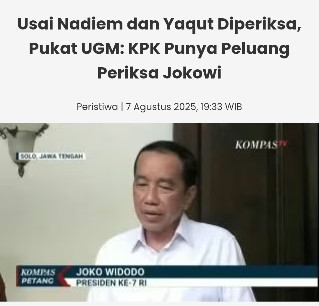 Sebelum kasus Tom Lembong, Jokowi adlh presiden dgn rekor menteri terbanyak korupsi, ditambah 2 kasus ini, aneh rasanya jika Jokowi ga tau apa2.
Jokowi layak diperiksa kecuali kalo dia memang planga-plongo.
<a href="/KPK_RI/">KPK</a> <a href="/KejaksaanRI/">Kejaksaan RI</a>

Usai Nadiem dan Yaqut Diperiksa, Pukat UGM: KPK