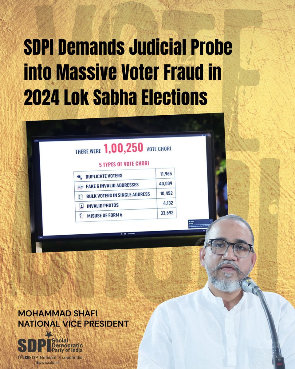 SDPI expresses profound anguish and unequivocal condemnation of the alleged large-scale voter fraud in the 2024 Lok Sabha elections, as exposed by Lok Sabha Opposition Leader <a href="/RahulGandhi/">Rahul Gandhi</a> . #ElectionCommissionOfIndia
