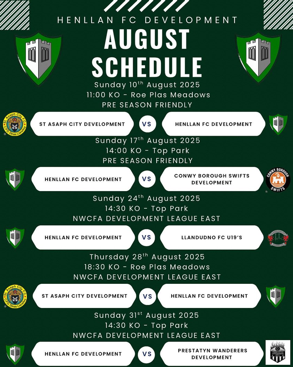 Busy month ahead for the Development with 5 games to play as we finish Pre-Season and Look ahead to the start of the League Season 🇳🇬

The League kicks off at Top Park against what is sure to be a Strong and Well Drilled Llandudno U19’s 👊