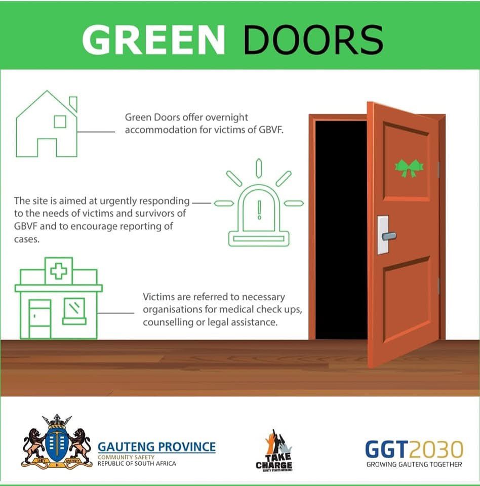 GP_CommSafety's tweet image. Green Doors offer overnight accomodation for GBVF victims. The sites are aimed at urgently responding to the needs of victims and survivors of GBVF and encourage reporting of cases.  
#takecharge #GBV #365days