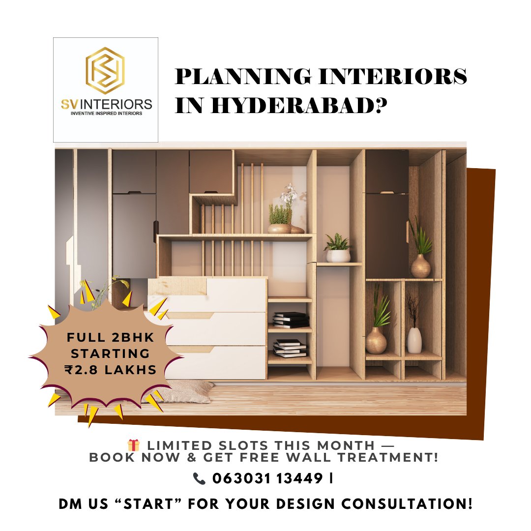 svinteriordsign's tweet photo. Planning interiors in Hyderabad? ✨
2BHK packages from ₹2.8L
✔ Elegant designs | ✔ Premium finishes | ✔ On-time delivery
📞 063031 13449 | 📍 Hyderabad &amp; Telangana
#SVInteriors #HyderabadInteriors #BudgetInteriors https://t.co/59Cd2JNKDI
