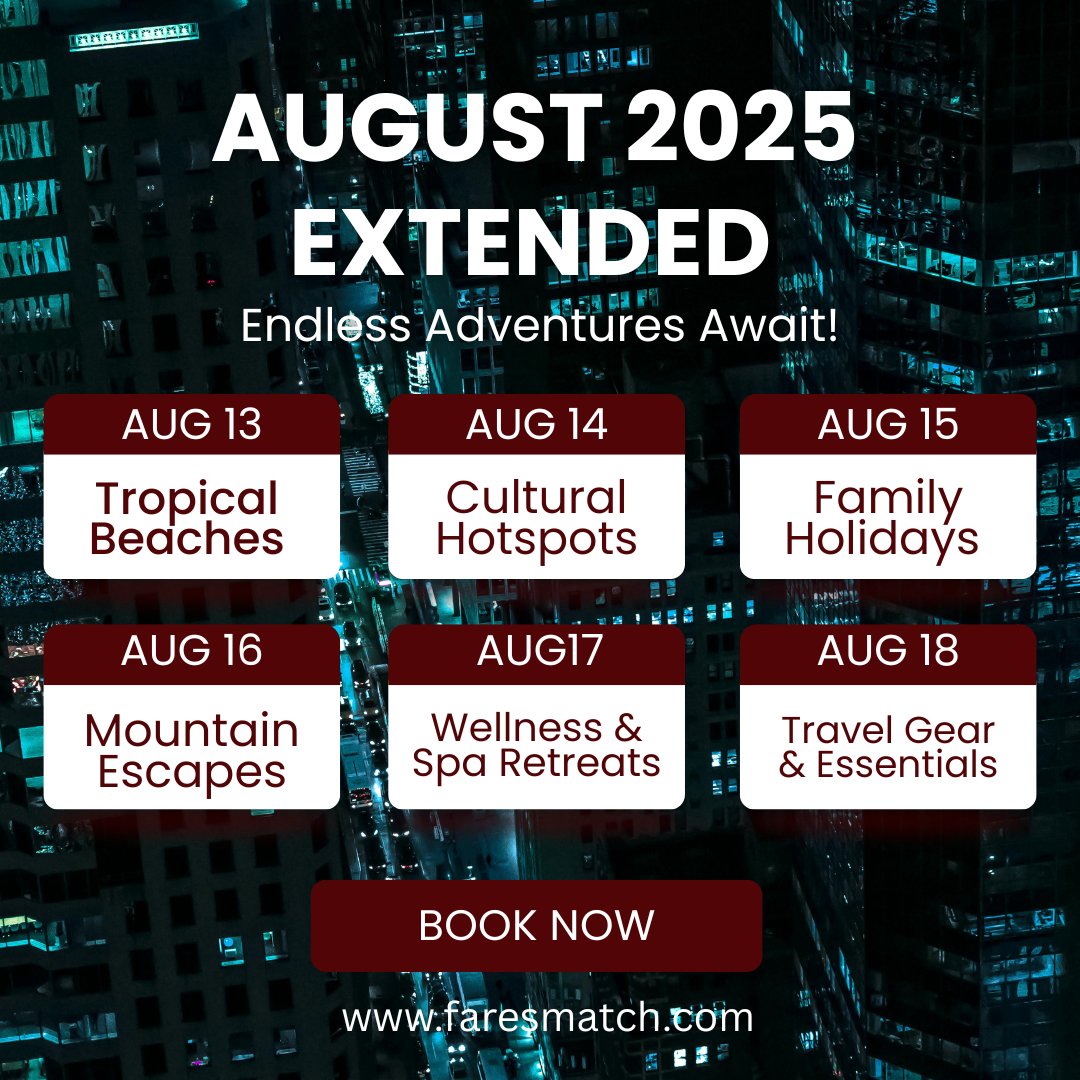 Faresmatch_'s tweet image. "August 2025 EXTENDED! 🌍 Tropical beaches, cultural hotspots, family getaways &amp;amp; more. 

✈️Book now &amp;amp; make summer unforgettable!

#Faresmatch #TravelDeals #AugustAdventures #BookNow #ExploreMore