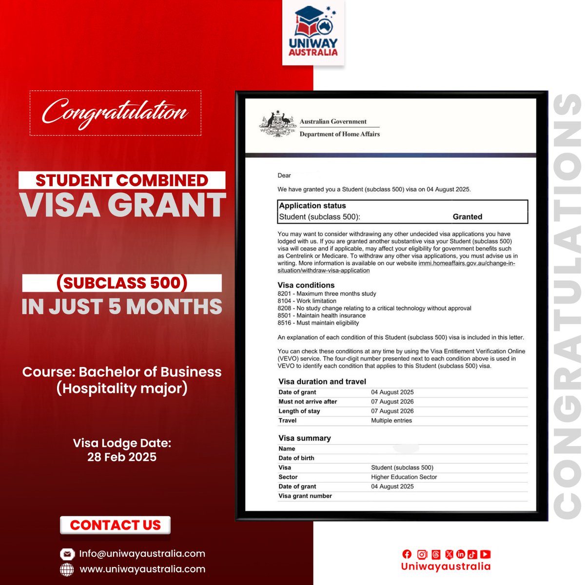 Uniwayaustralia's tweet image. Congratulations to our student for receiving the Student Visa (Subclass 500) grant in just 5 months.

uniwayaustralia.com | info@uniwayaustralia.com
WhatsApp Link: wa.me/message/ESNXEN…
Form Link: forms.office.com/r/GMRL06bQKf

#StudentVisaGrant #Subclass500 #StudyInAustralia