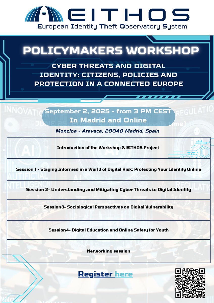 ΚΕΜΕΑ - Center for security studies (@centerforsecur1) on Twitter photo Join <a href="/EITHOS_EU/">EITHOS EU project</a> on Sept 2 for key discussions on:
🔒 Cyber threats
🆔 Digital identity
🇪🇺 EU policy & citizen protection
📍 Madrid | 🌐 Online | 🕒 15:00 CEST
🔗 Register: lnkd.in/eyShxJ62
#CyberSecurity #DigitalIdentity #EUpolicy Join <a href="/EITHOS_EU/">EITHOS EU project</a> on Sept 2 for key discussions on:
🔒 Cyber threats
🆔 Digital identity
🇪🇺 EU policy & citizen protection
📍 Madrid | 🌐 Online | 🕒 15:00 CEST
🔗 Register: lnkd.in/eyShxJ62
#CyberSecurity #DigitalIdentity #EUpolicy