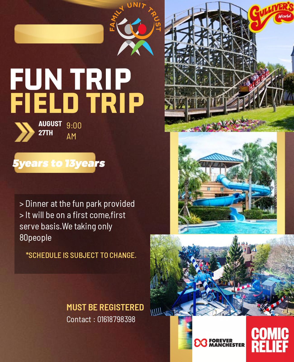 Familyunittrust (@familyunittrust) on Twitter photo π’ Weβre off to Gulliverβs World! π‘
On 27th August, our children will enjoy a fun-filled day of rides, laughter, and making special memories together.
A big THANK YOU to <a href="/comicrelief/">Comic Relief</a> and <a href="/4EVERManchester/">Forever Manchester</a> for sponsoring this trip β your support is giving our young people a day to π’ Weβre off to Gulliverβs World! π‘
On 27th August, our children will enjoy a fun-filled day of rides, laughter, and making special memories together.
A big THANK YOU to <a href="/comicrelief/">Comic Relief</a> and <a href="/4EVERManchester/">Forever Manchester</a> for sponsoring this trip β your support is giving our young people a day to