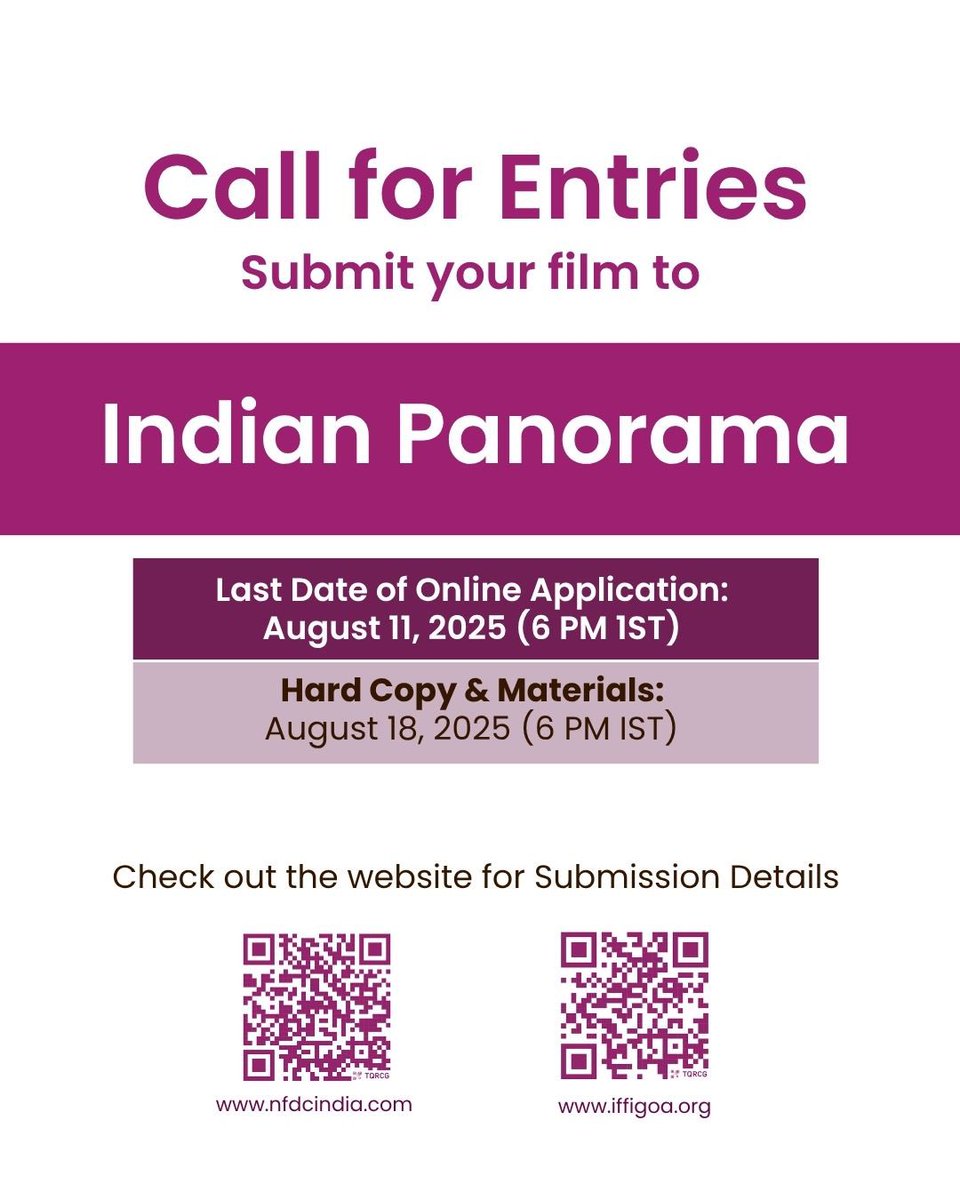 Submit your film to Indian Panorama 2025 &amp; showcase it on national &amp; international stages!

📅 Deadlines:
Online – Aug 11, 2025
Hard copy – Aug 18, 2025

Details: iffigoa.org | nfdcindia.com

#IFFI2025 #NFDC #Filmmakers #FilmFestival