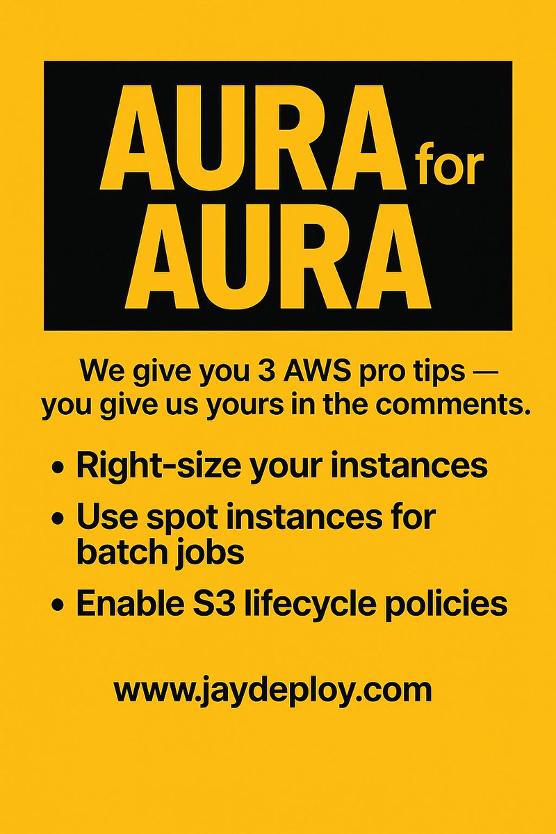 JayDeploy's tweet photo. AURA for AURA.

We drop 3 AWS gems 💎 - you drop yours in the comments.

#AURAforAURA #AWS #CloudComputing #CloudTips #AWSCommunity #CloudOptimization #JayDeploy #AWSTips #DevCommunity #BuildInTheCloud #CloudBestPractices #AWSProTips https://t.co/kl3O9RUUya