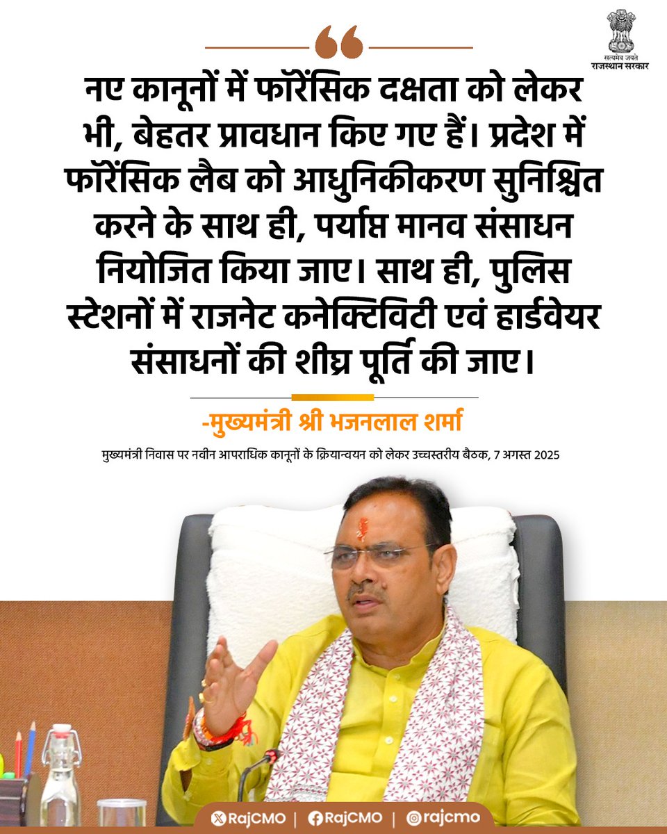 CMO Rajasthan (@rajcmo) on Twitter photo नए कानूनों में फॉरेंसिक दक्षता को लेकर भी, बेहतर प्रावधान किए गए हैं।
<a href="/BhajanlalBjp/">Bhajanlal Sharma</a>
#आपणो_अग्रणी_राजस्थान नए कानूनों में फॉरेंसिक दक्षता को लेकर भी, बेहतर प्रावधान किए गए हैं।
<a href="/BhajanlalBjp/">Bhajanlal Sharma</a>
#आपणो_अग्रणी_राजस्थान
