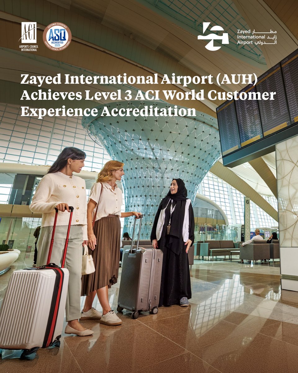 Zayed International Airport (AUH) has been awarded Level 3 Customer Experience Accreditation by <a href="/ACIWorld/">ACI World</a> – Airports Council International, a significant milestone that builds on our successful achievement of Levels 1 and 2. 

#ZayedInternationalAirport #AUH