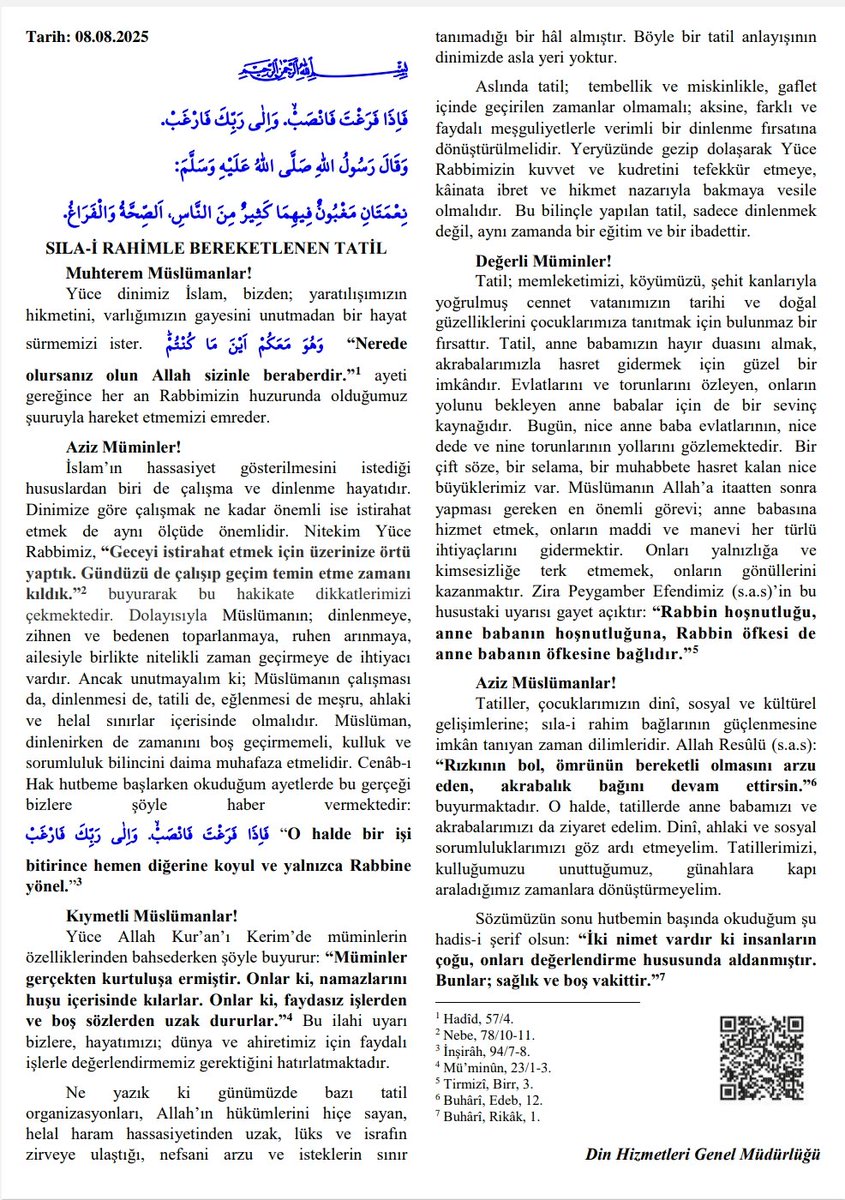 Sıla-i Rahimle Bereketlenen Tatil
08.08.2025 Cuma Hutbesi