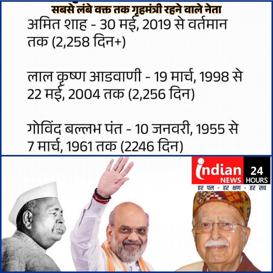 _indiannews's tweet image. अमित शाह केंद्रीय गृह मंत्री के पद पर रहने के साथ, सबसे लंबे समय तक केंद्रीय गृह मंत्री रहने वाले नेता बन गए हैं |
#carouselpost #AmitShah #LKAdvani #BJPNEWS @indiannewsmpcg #newsupdates #LatestNews #indiannewsmpcg #information #Informative