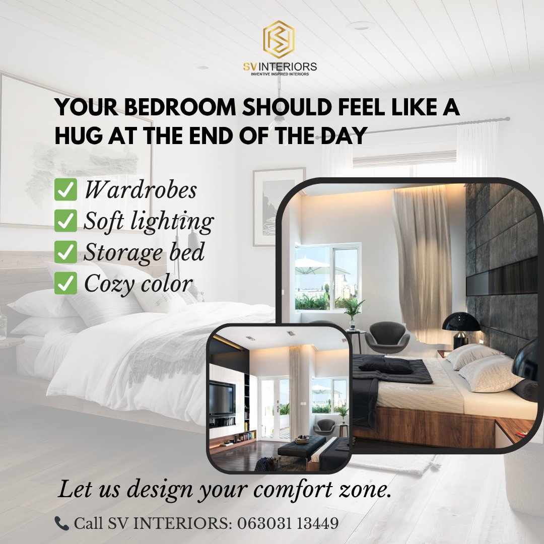 svinteriordsign's tweet photo. Your bedroom should feel like a hug. 🛏️💛
SV Interiors designs cozy, functional spaces — just for you.
✅ Stylish Wardrobes | ✅ Smart Storage | ✅ Soft Lighting

📞 063031 13449 | 📍 Hyderabad &amp; Telangana
#SVInteriors #BedroomDesign #HyderabadInteriors https://t.co/JdJHa09g4u