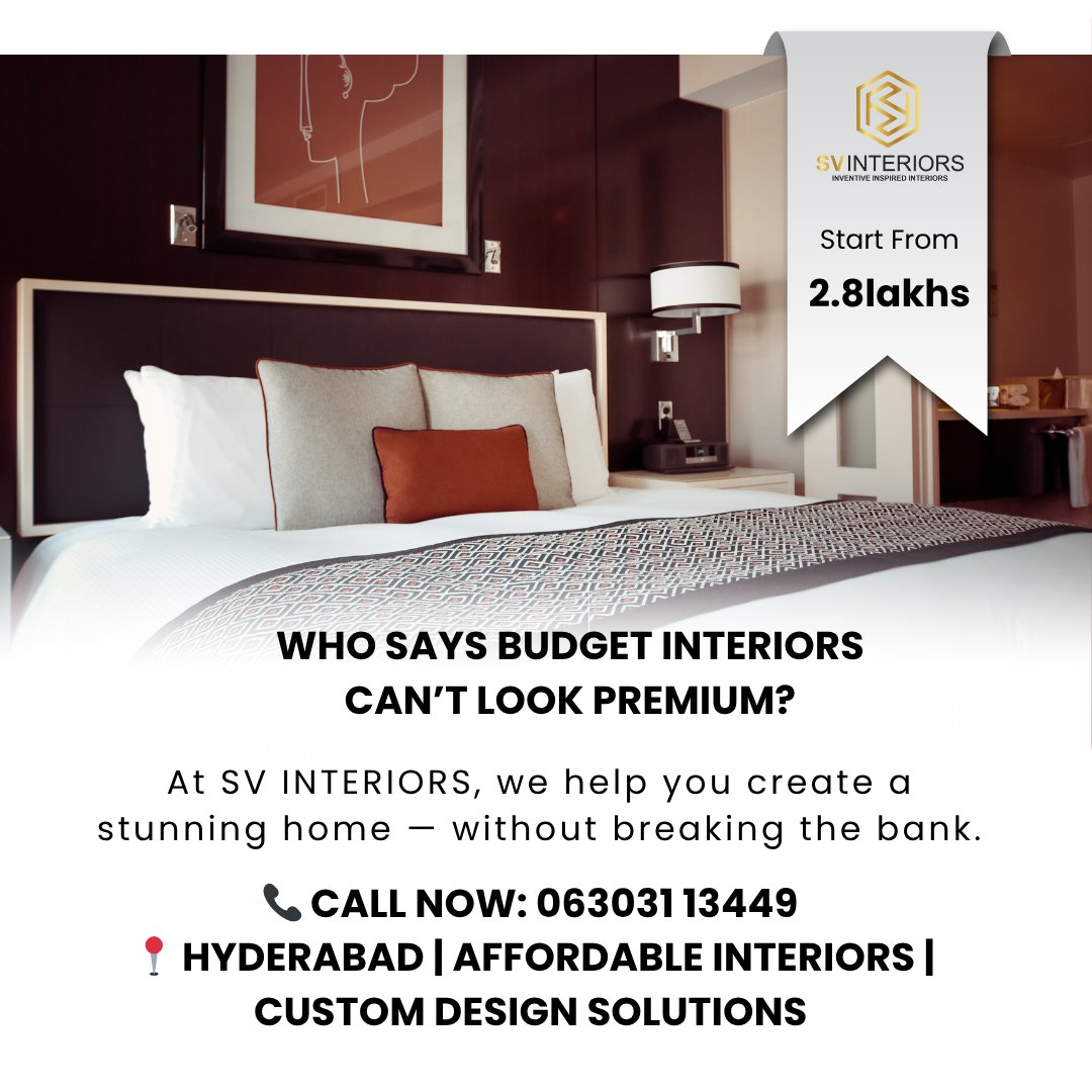svinteriordsign's tweet photo. Who says budget interiors can’t look premium? ✨
SV Interiors makes stunning, luxurious homes — from just ₹2.8L.
✅ Affordable Pricing | ✅ Premium Finishes | ✅ Custom Designs

📞 063031 13449 | 📍 Hyderabad &amp; Telangana
#SVInteriors #BudgetInteriors #PremiumLook https://t.co/1dYwv3fIGo