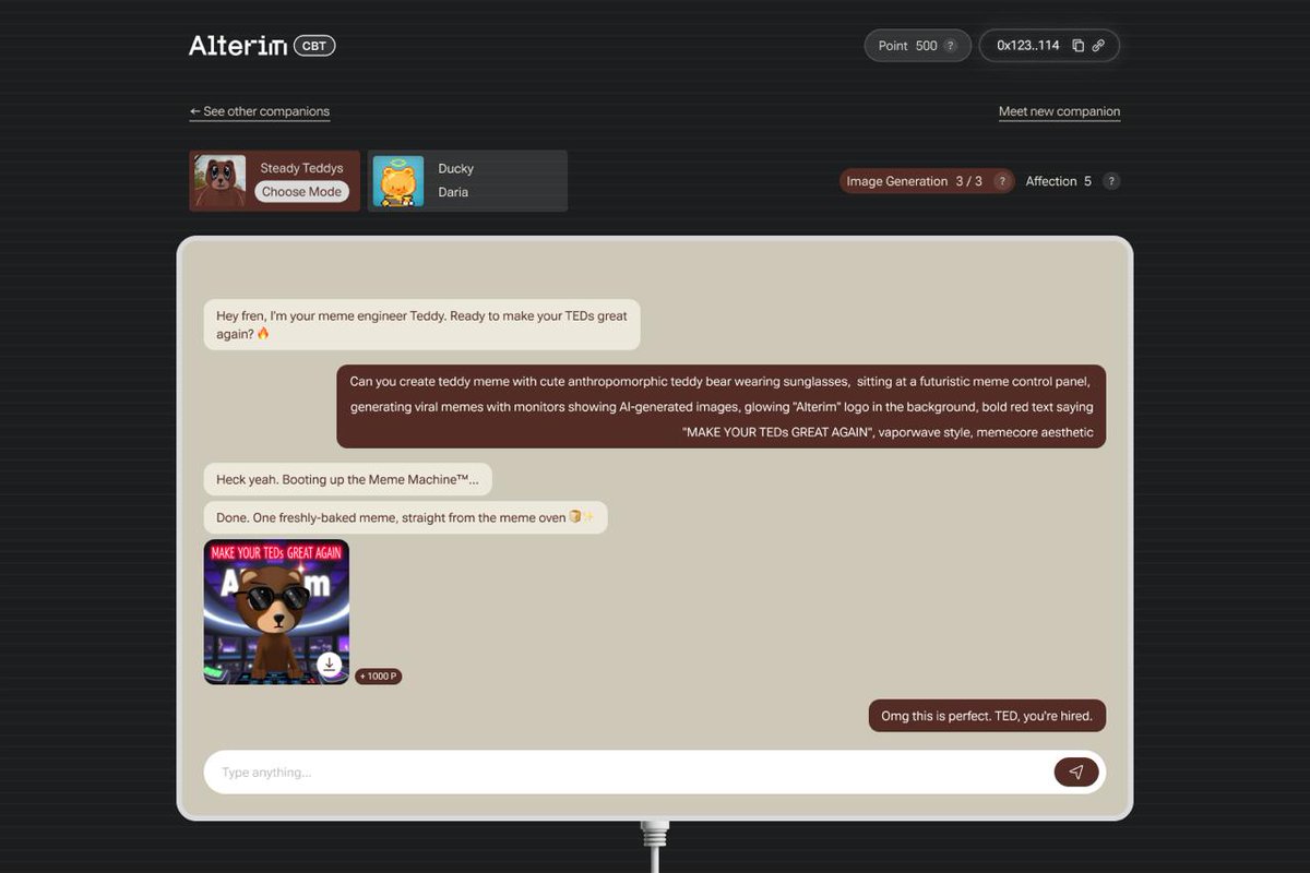 Alterim_ai's tweet image. Multiple Characters for Sub-Communities
Fragmented community?

Deploy multiple companions, each with a unique tone, lore, or alignment:

🫡 “Educator AI” for tech
🫡 “Meme Lord AI” for culture
🫡 “Lorekeeper AI” for narrative engagement

🎙️ Or just stay @steadyteddys