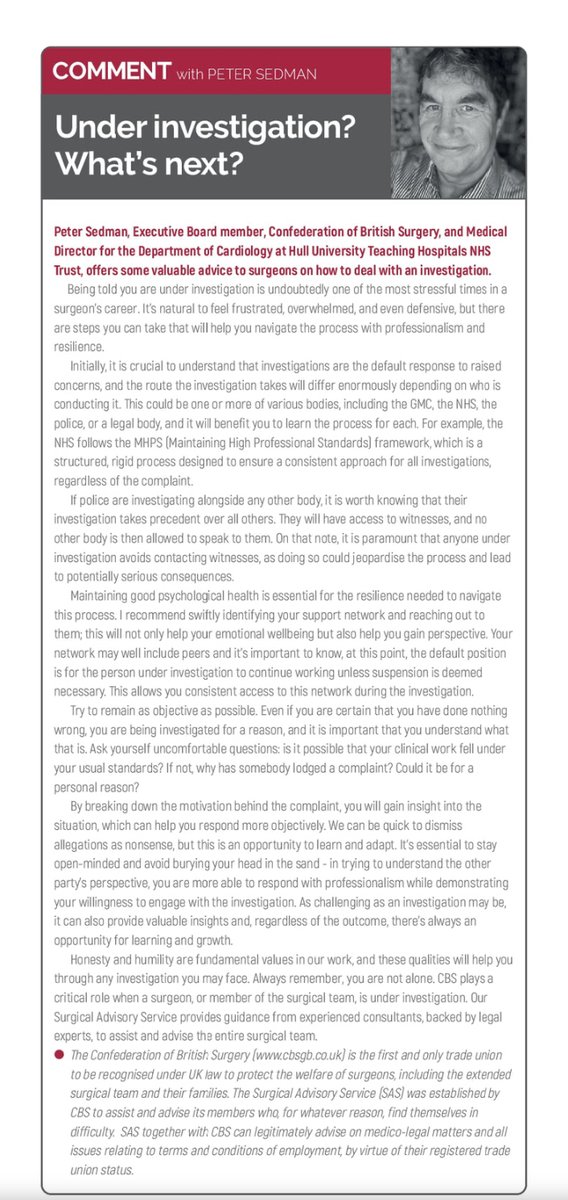 The Confederation of British Surgery (@uksurgeons) on Twitter photo Clinical Services Journal has featured a CBS column on what to do if you are informed that you have been put under investigation.
CBS Board Member Peter Sedman explains how to remain calm and how to approach it in the most positive way. #UKsurgeons <a href="/CSJMagazine/">Clinical Services Journal</a> Clinical Services Journal has featured a CBS column on what to do if you are informed that you have been put under investigation.
CBS Board Member Peter Sedman explains how to remain calm and how to approach it in the most positive way. #UKsurgeons <a href="/CSJMagazine/">Clinical Services Journal</a>
