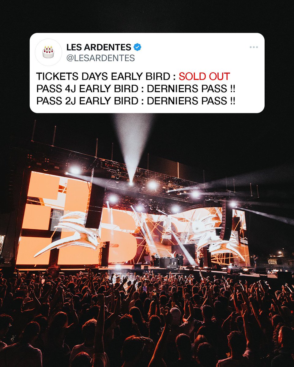 🚨UPDATE BILLETTERIE🚨
Tickets days SOLD OUT ❌
DERNIERS PASS 4J et 2J ⏳
GO GO GO lesardentes.be 🌐🌐