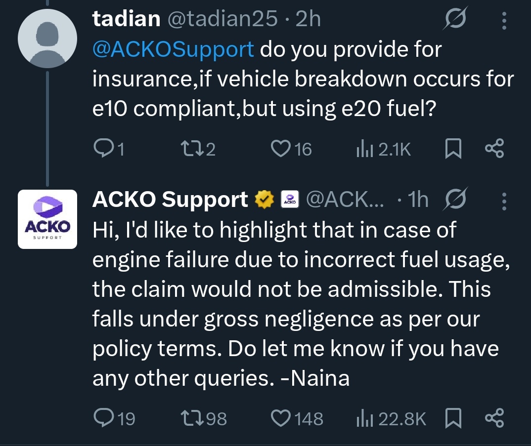 mainbhiengineer's tweet photo. Naina from Acko vehicle insurance seems to be more aware on ethanol blending and its effect on car than Nitin Gadkari https://t.co/JFHMy285ea