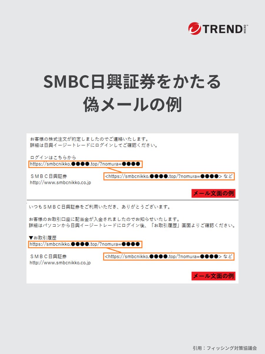 ⚠️偽メール注意喚起】 SMBC日興証券をかたるフィッシングメールが確認されています。  偽のメール/SMSから偽サイトへ誘導し、情報をだまし取る詐欺の手口です。  メール/SMSに記載のURLにアクセスしたり、誘導されたサイト上で情報を入力したりしないように注意しましょう！