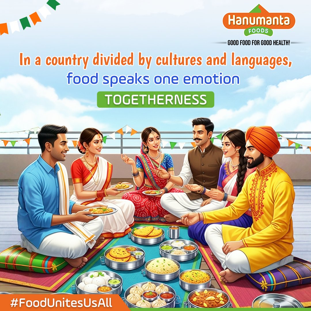hanumantafoods's tweet image. In a country rich in tradition and countless languages, nothing connects us deeply than meals shared with open hearts. Hanumanta Foods celebrates unity through timeless flavors that feel like home to everyone.

#HanumantaFoods #TasteOfTradition #UnityThroughFood